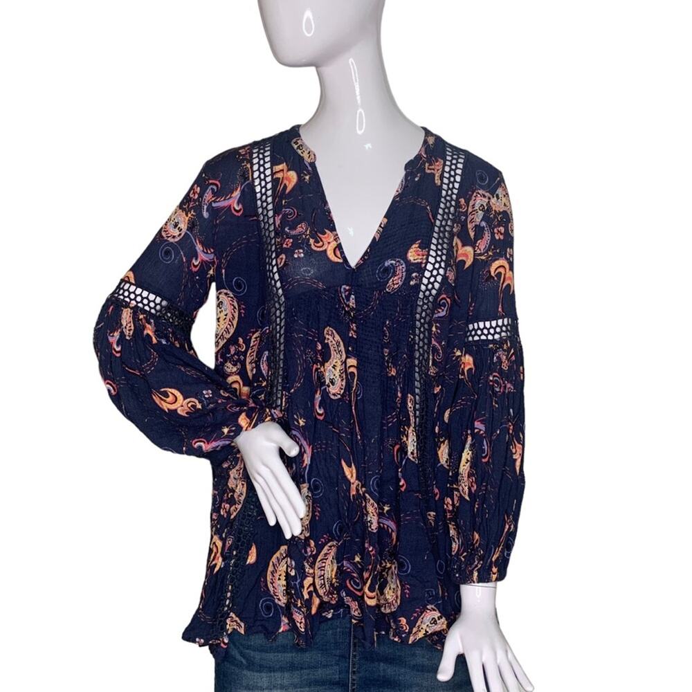 Free People Tunic Multicolor Paisley Print Boho Asymmetric Long Sleeve Size XS